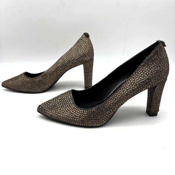 Michael Kors ABBI FLEX Bronze Glitter Rhinestone Block Pump Heels Women's 10M - Picture 7 of 16